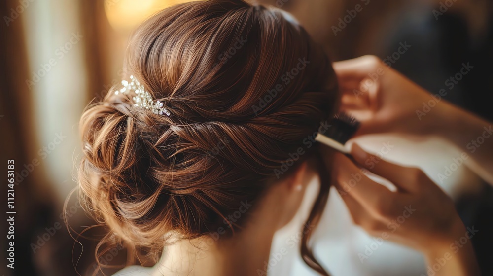 Obraz premium A bride's hair is styled into a loose bun with a jeweled pin, a stylist uses a brush to finish the look.