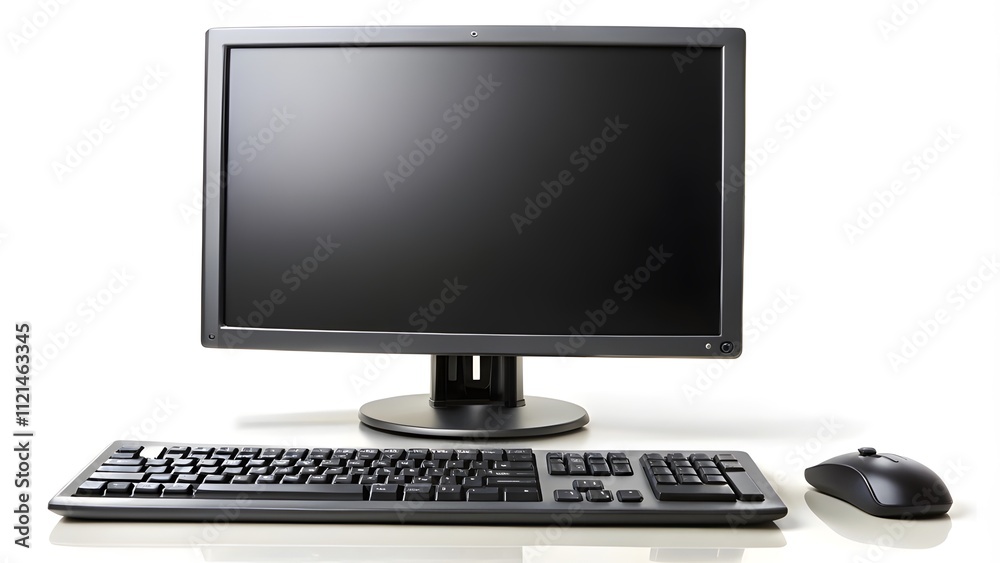A desktop computer setup with a monitor, keyboard, and mouse, isolated on a white background, showcasing a clean and organized workspace for productive office or home use