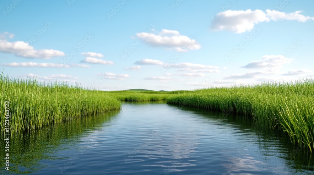 Serene waterway surrounded by lush green grass under a blue sky. Serene waterway surrounded by lush green grass under a blue sky.
