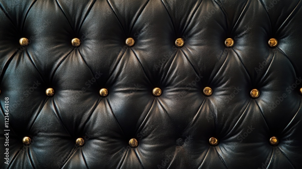 Fototapeta premium Luxurious background of black leather with gold button tufting, ideal for upscale interior design concepts