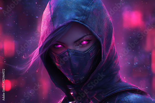 A bold illustration of a mysterious female ninja head designed as a gaming mascot, set against a striking e-sport background wallpaper.
 photo