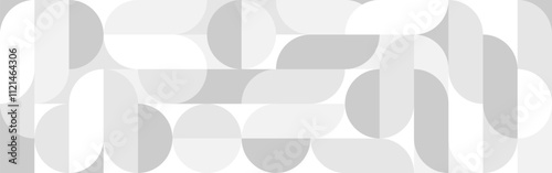 White trendy seamless background of circles and squares in modern Scandinavian style. Cover of gray geometric shapes in retro texture for wallpaper or packaging.