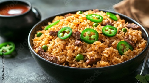 Freshly Prepared Rice Dish with Vegetables and Sliced Jalapeños