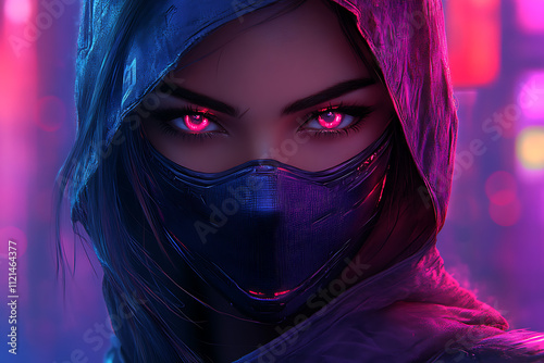 A bold illustration of a mysterious female ninja head designed as a gaming mascot, set against a striking e-sport background wallpaper.
 photo