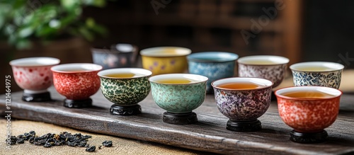 Fototapeta Naklejka Na Ścianę i Meble -  Colorful teacups with tea on a wooden board.