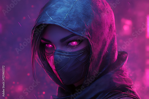 A bold illustration of a mysterious female ninja head designed as a gaming mascot, set against a striking e-sport background wallpaper.
 photo