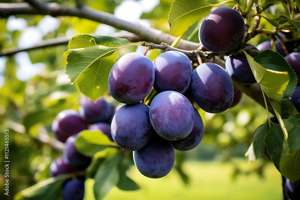 Fototapeta premium Damson Plum hanging on a tree. Damson Plum in the orchard