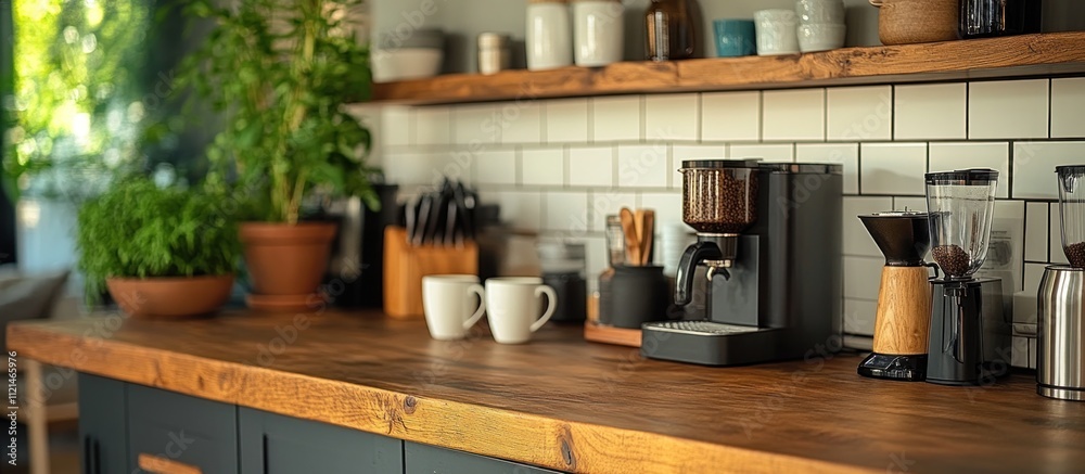 Modern kitchen counter with coffee maker, grinder, and white mugs on a wood countertop. Modern kitchen counter with coffee maker, grinder, and white mugs on a wood countertop.