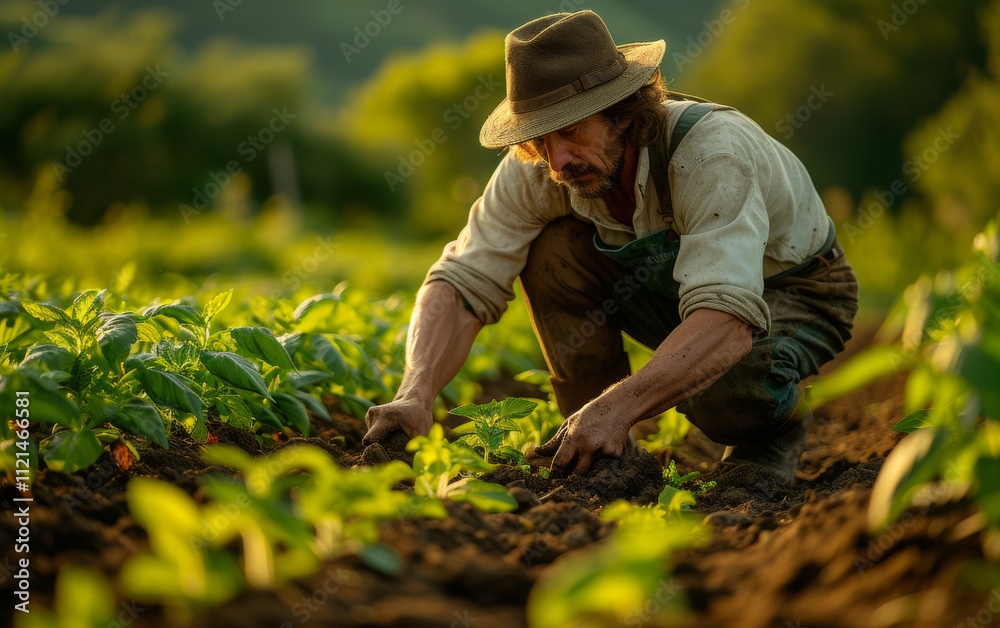Farmer tending to crops in lush green field. A dedicated farmer nurtures young plants in a sunlit field during early morning hours, showcasing hard work and nature. Farmer tending to crops in lush green field. A dedicated farmer nurtures young plants in a sunlit field during early morning hours, showcasing hard work and nature.