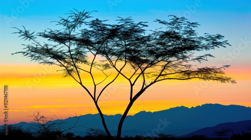 Silhouette of an acacia tree at sunset, mountains in the background, vibrant colors of the sky, peaceful landscape