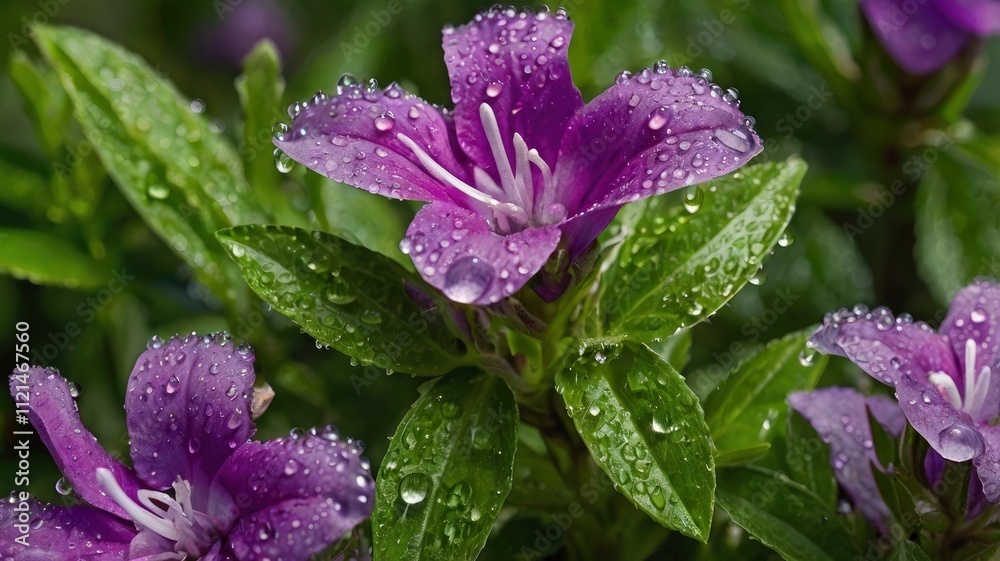 Blooming purple flower with dewdrops and green leaves,Cuphea hookeriana Walp Blooming purple flower with dewdrops and green leaves,Cuphea hookeriana Walp