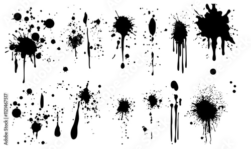 Ink Splatter Vector Set with Paint Drips and Grunge Splash Effects for Graphic Design