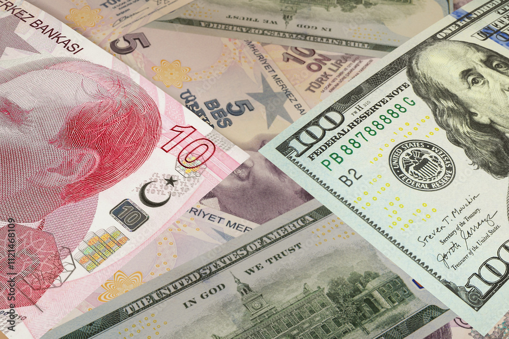 Turkish lira and US dollar banknotes. Cash. Financial concept. Turkish lira and US dollar banknotes. Cash. Financial concept.