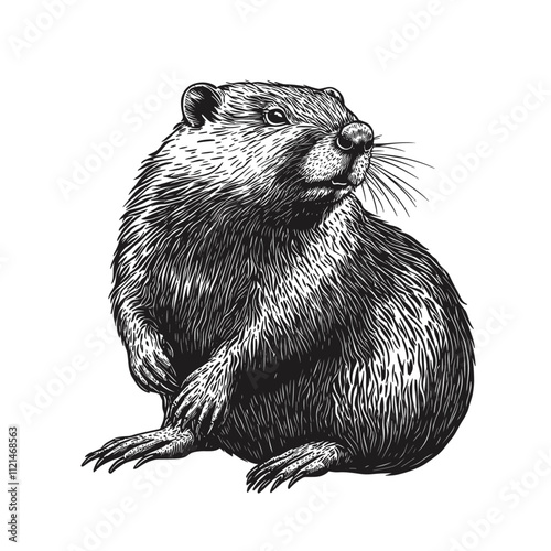 Hand-drawn beaver in vintage art style, aquatic animal vector, black sketch, antique wildlife illustration, rodent print design, retro nature art, wildlife sketch, aquatic creature