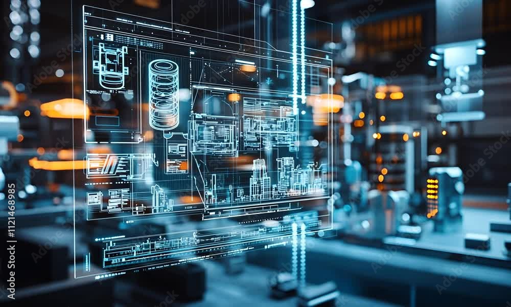 A futuristic interface displaying complex data visualizations, charts, and architectural designs, emphasizing technology and innovation.