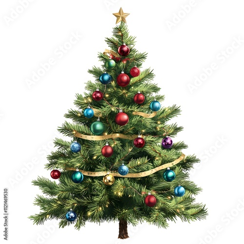 A fresh pine tree with rich green needles, decorated with colorful baubles and ribbons.

 photo