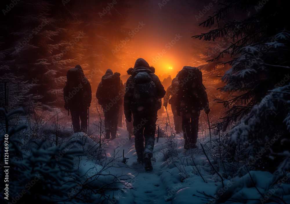Fototapeta premium Hikers trek through snowy forest towards warm glow. A group of hikers walks through a snowy forest at night, heading toward a warm glowing light in the distance.