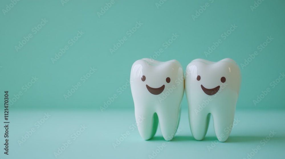 Two glossy, white teeth stand upright on a soft teal background, symbolizing clean, healthy dental care and hygiene Two glossy, white teeth stand upright on a soft teal background, symbolizing clean, healthy dental care and hygiene