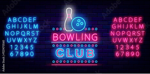 Bowling club neon label. Ball and pin. Strike winning. Sport tournament sign. Vector stock illustration