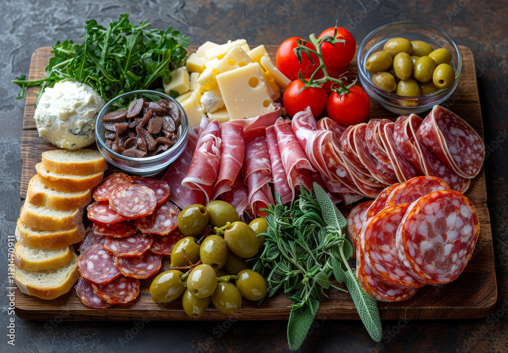 Tasty charcuterie with meats and cheeses. An inviting spread of meats, cheeses, olives, and bread arranged artfully on a wooden board, perfect for sharing. Tasty charcuterie with meats and cheeses. An inviting spread of meats, cheeses, olives, and bread arranged artfully on a wooden board, perfect for sharing.