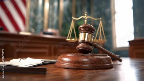 A close-up view of a gavel and scales of justice in a courtroom setting, representing law and order. photo