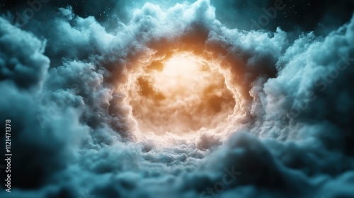 Fluffy clouds form a round portal with a vibrant orange glow in the center, like a divine gateway hovering in a tranquil sky, suggesting a passage to a new realm. photo