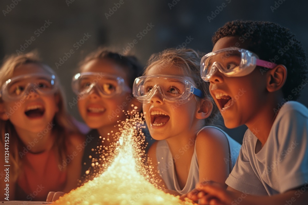 Fototapeta premium Excited children, wearing safety goggles, gather around a bright, sparking scientific experiment, glowing with curiosity and discovery.