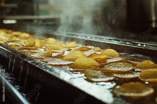 Freshly sliced potato chips sizzle in hot oil, crafted to crispy perfection in a bustling kitchen scene full of energy and flavor. photo