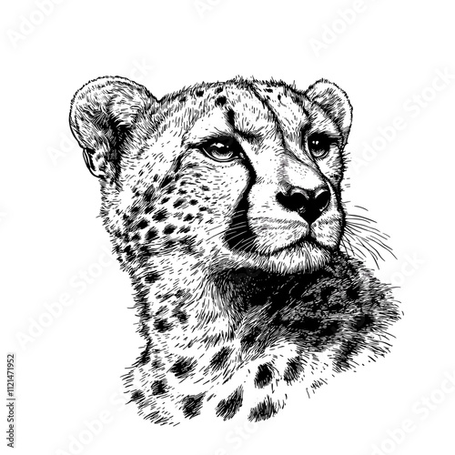 Black sketch hand-drawn cheetah in vintage engraving style, fast animal predator, wildlife, trendy vector print design, antique style, white background. photo