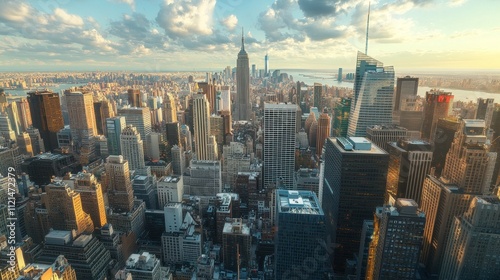 Aerial View of Manhattan Skyline at Sunset