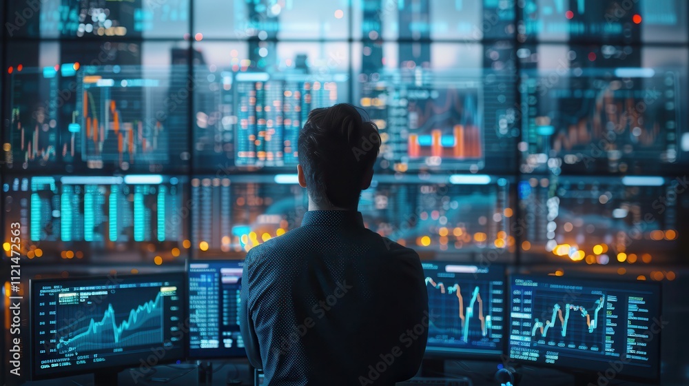 Professional trader analyzes stock market trends from a high-rise office at night surrounded by glowing screens. Generative AI Professional trader analyzes stock market trends from a high-rise office at night surrounded by glowing screens. Generative AI