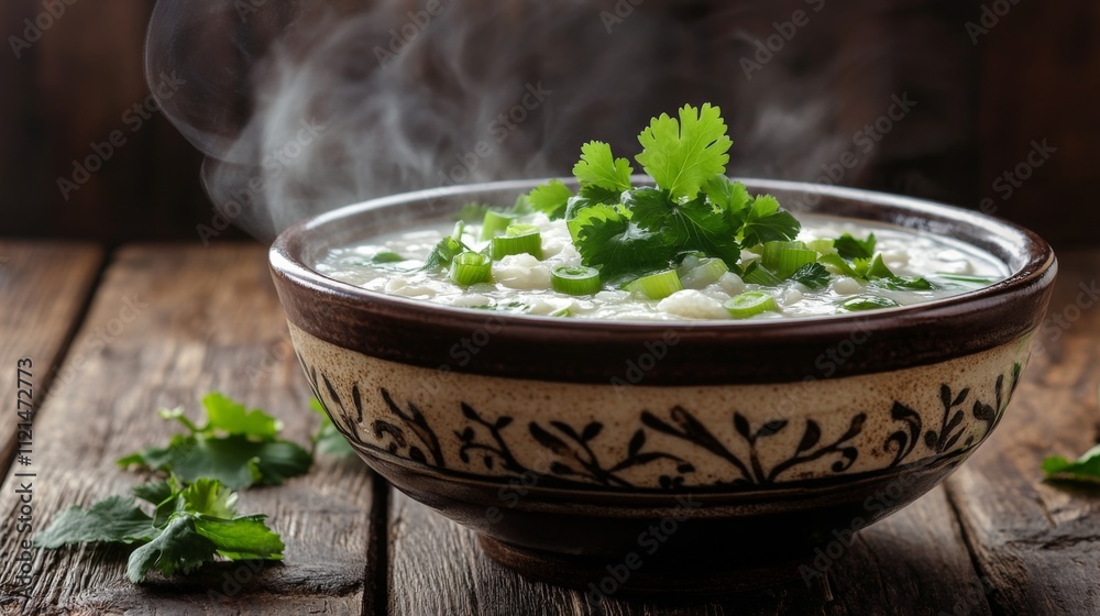 Fresh Herb Garnish on Hot Soup in Rustic Bowl on Wooden Table Fresh Herb Garnish on Hot Soup in Rustic Bowl on Wooden Table
