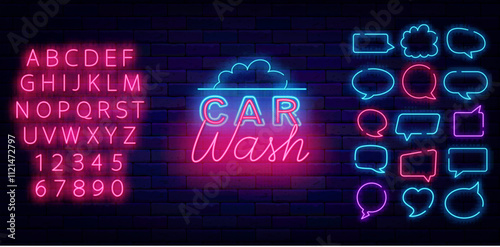 Car wash neon label with soap bubbles. Auto clean service. Speech bubble frames. Vector stock illustration