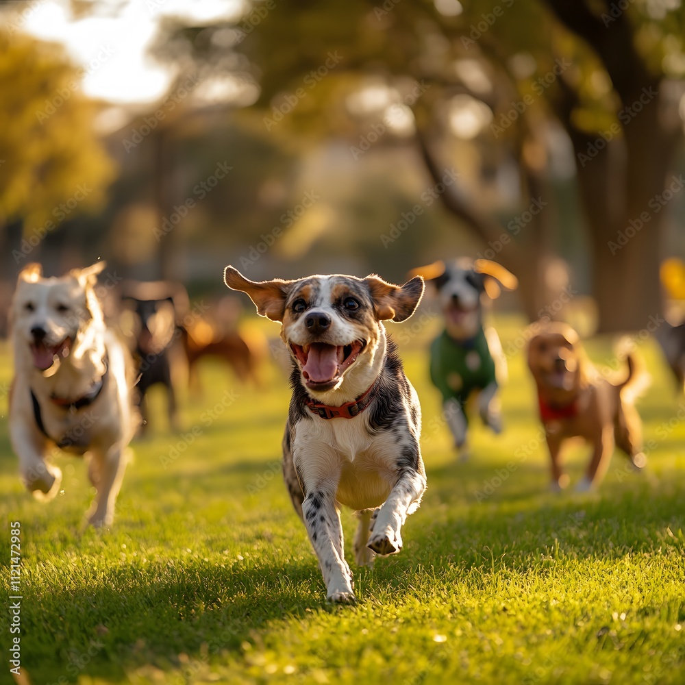 A dog park with pups happily running around, playing fetch, and interacting with other dogs.
A dog park with pups happily running around, playing fetch, and interacting with other dogs.