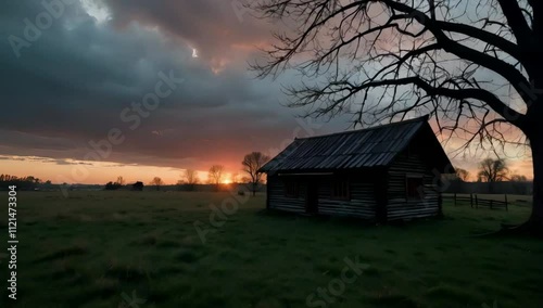 old house and big tree in a countryside with red sky view at sunset