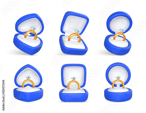 Engagement rings with precious stone in blue open boxes. Accessory for marriage proposal. Vector illustration