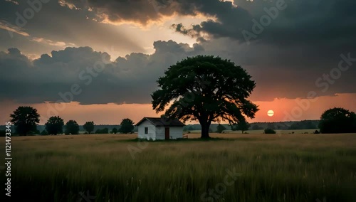 old house and big tree in a countryside with red sky view at sunset