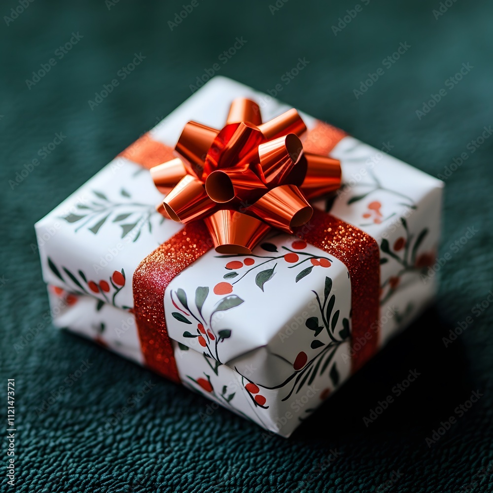 A small parcel wrapped in festive paper, with a bright red bow on top, waiting to be opened. A small parcel wrapped in festive paper, with a bright red bow on top, waiting to be opened.