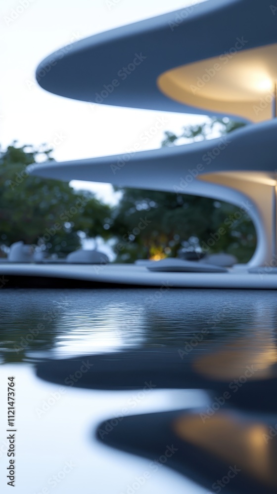 Fototapeta premium Futuristic Architecture Reflecting in Tranquil Water