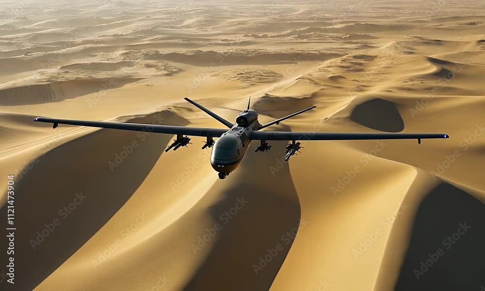 A military drone flies over vast desert landscapes, showcasing its surveillance and combat capabilities in a remote environment.