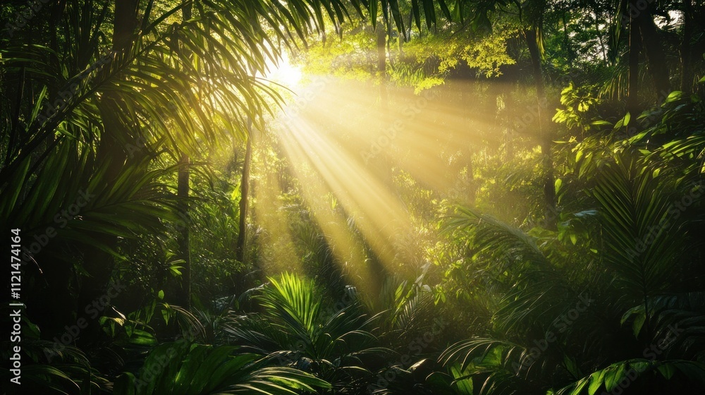Obraz premium Sunbeams Illuminating Lush Tropical Rainforest