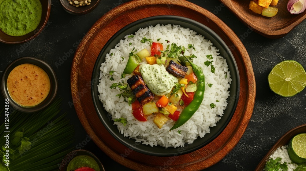 Vibrant Bowl of Rice with Grilled Vegetables and Fresh Herbs Delight Vibrant Bowl of Rice with Grilled Vegetables and Fresh Herbs Delight