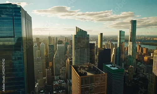 A panoramic view of a modern city skyline featuring a mix of glass and steel skyscrapers under a clear sky, highlighting urban architecture and vibrant city life.