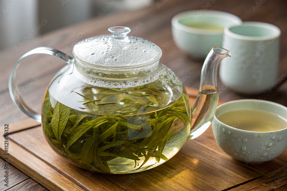 Green tea leaves steeping in a transparent teapot Green tea leaves steeping in a transparent teapot