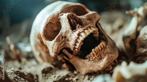 A weathered human skull with prominent features lies on a rough sandy surface, echoing themes of time passage and historical significance. photo