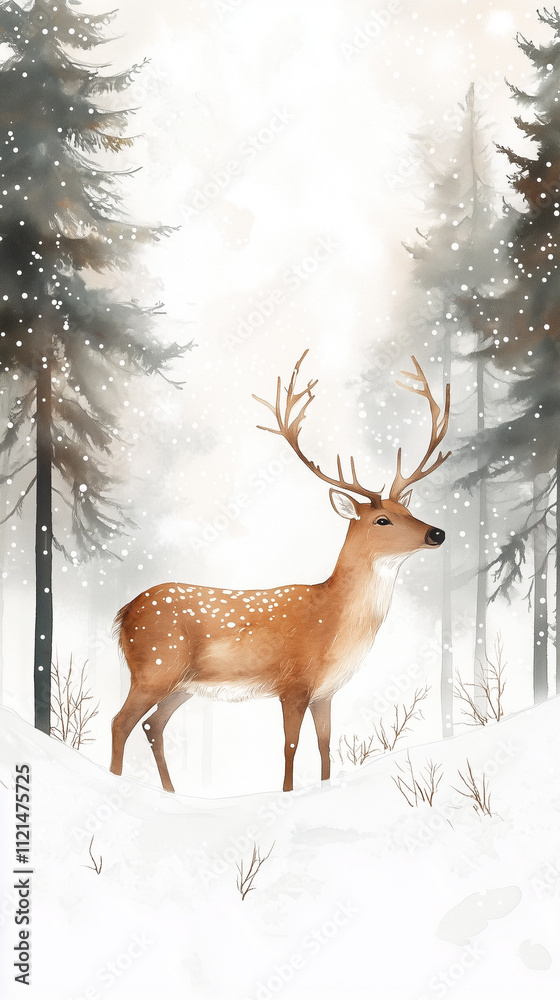 Watercolor style art featuring a deer with antlers standing in a snowy forest, surrounded by trees, evoking a serene and wintery Christmas atmosphere. Watercolor style art featuring a deer with antlers standing in a snowy forest, surrounded by trees, evoking a serene and wintery Christmas atmosphere.