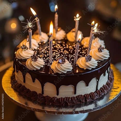 An elegant birthday cake with layers of chocolate and cream, adorned with sparkling candles. photo