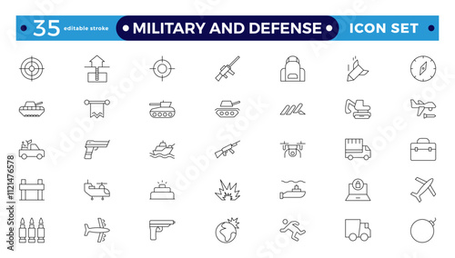 Military equipment, combat war weapon line icon set. Missile bomb and grenade, pistol and medal of army soldier, target of gun drone Military and Defense editable stroke outline icon.