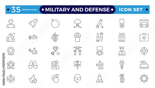 Military equipment, combat war weapon line icon set. Missile bomb and grenade, pistol and medal of army soldier, target of gun drone Military and Defense editable stroke outline icon.