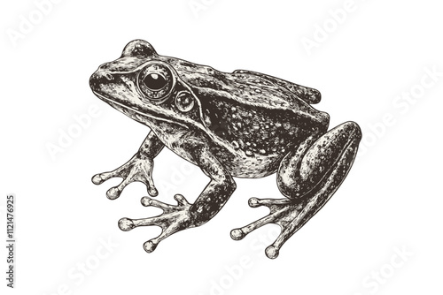 Vintage amphibian art featuring hand-drawn frog illustration, black sketch design, old engraving style, wildlife-inspired trendy print on white background, artistic nature decor.